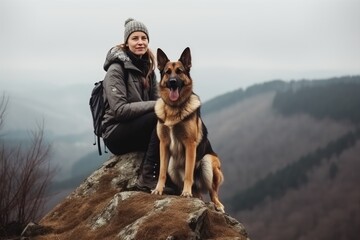Woman and dog as they stand on the peak of a mountain. Generative AI
