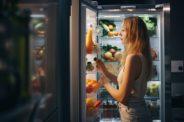 Balanced nutrition and healthy breakfast before training. Night eating, a girl stands near an open refrigerator at night, generative AI. - obrazy, fototapety, plakaty