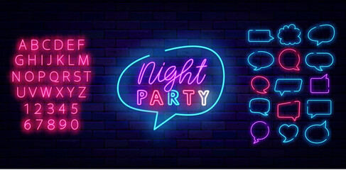 Night party neon label. Evening performance banner. Luminous advertising. Vector stock illustration