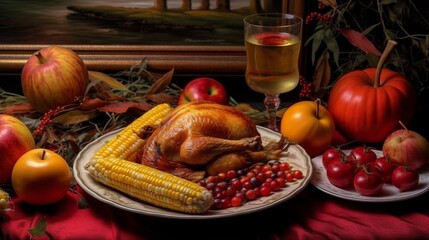 Obraz na płótnie Canvas Illustration of happy Thanksgiving menu on dinner table as feast concept.Roasted Turkey with gravy cranberry sauce and stuffing, Generative Ai