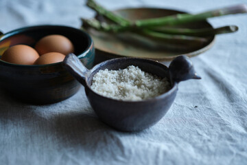 vintage set of ceramics with farm healthy food. Cheese, milk, bread, eggs, kinfolk lifestyle High quality photo