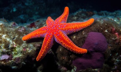  a bright orange starfish on a reef with purple sponges.  generative ai