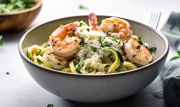  a bowl of pasta with shrimp, zucchini and parsley.  generative ai