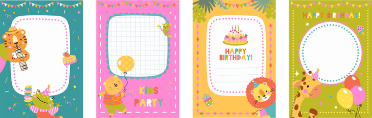 Kids birthday invitation party frames. Cute festive animals and decoration elements. Cards with place for text, nowaday cartoon vector templates