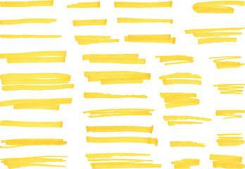Yellow highlight marker lines, highlighters pen acid strokes. Underline brush or pen line for text, scribble permanent markers neoteric vector elements - obrazy, fototapety, plakaty