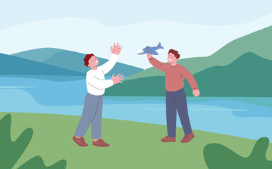 Boys play outdoor, on nature or park with lake. Gaming with airplane toy, little dreamer or future pilot. Cartoon children walking vector scene