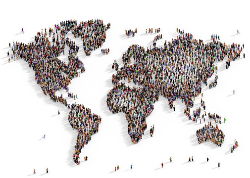 Large group of multiracial people gathered together in the shape of world map atlas, infographics concept, top view, on transparent background	