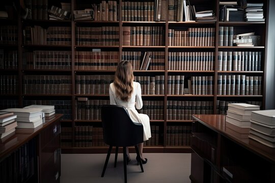 Young woman sitting on chair in library and looking at bookshelves, A female lawyer sitting confidently immersed in legal work, AI Generated