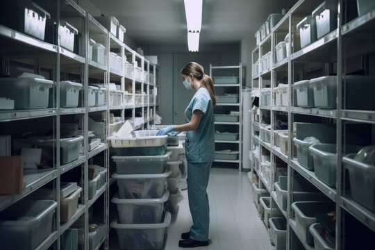 Female doctor in mask and gloves working in storage room at hospital. A female nurse working in the medical storage room, organizing and managing supplies with precision and care, AI Generated