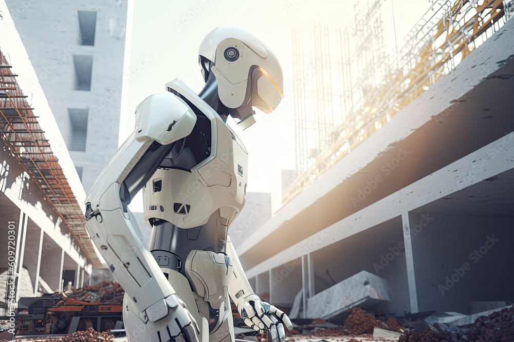 Poster 3d rendering humanoid robot working in the construction site with building background, a futuristic 