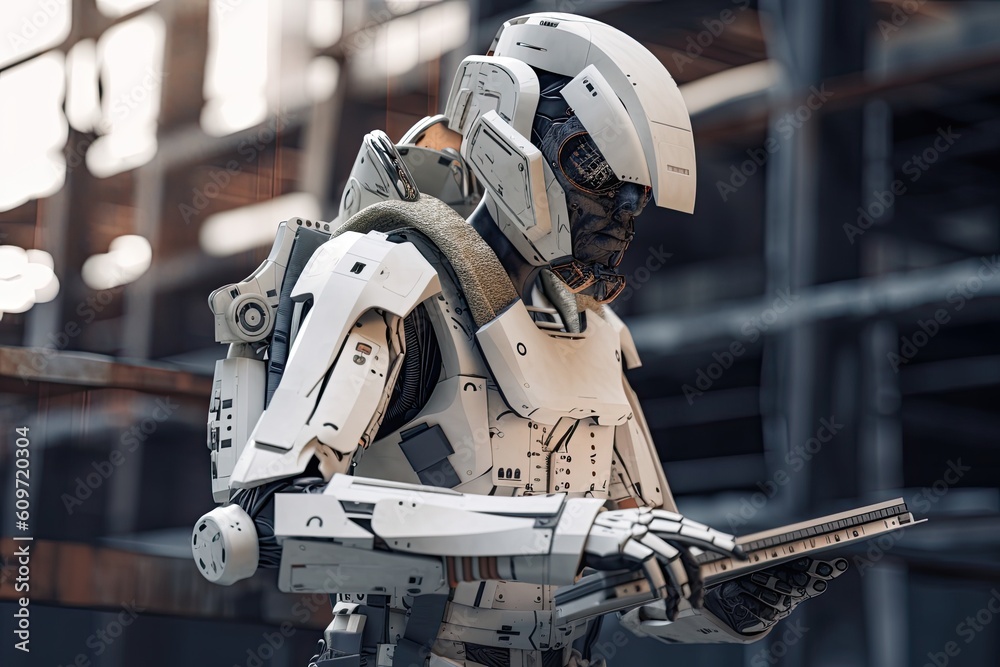 Poster 3d rendering humanoid robot in the modern building. futuristic technology concept. a futuristic robo