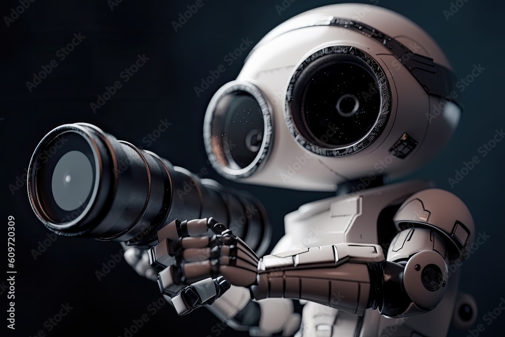 Poster robot humanoid with camera. 3d rendering. robot humanoid. a futuristic robot astronomer with a teles