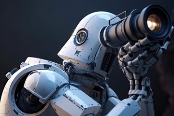 3d rendering robot or cyborg with telescope on dark blue background, A Futuristic robot astronomer with a telescope observing distant galaxies, AI Generated