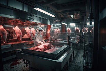 Meat processing plant. Meat processing plant. Production of meat products. futuristic butcher cutting meat inside a bustling butcher shop, AI Generated