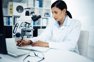 Woman, scientist and writing in science research for discovery, breakthrough or information at lab. Female person or medical expert with notebook for medicine data, notes or results in laboratory