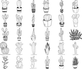 Fototapeta na wymiar Set of desert cacti and cactus plants in pots; hand drawn doodle vector illustration; isolated cactus clipart