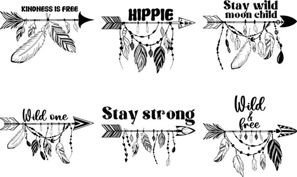 Boho style tribal arrows with feathers and ethnic decoration, vector illustration; American Indian motifs, motivational saying