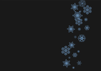 Snowflake border for Christmas and New Year celebration. Holiday snowflake border on black background  with sparkles. For banners, gift coupons, vouchers, ads, party events. Horizontal frosty snow.
