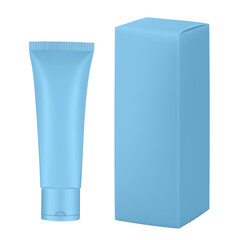 Set of light blue plastic tube and box. Realistic mockup. Ointment or salve. Gel serum. Korean packaging. Blank cardboard package