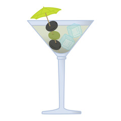 Cocktail with Olives and Ice Cubes. Vector Illustration of Summer Drink with Umbrella in Cartoon Style