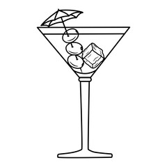 Cocktail with Olives and Ice Cubes for Coloring. Vector Illustration of Summer Drink with Umbrella in Cartoon Style