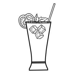 Tomato Juice with Ice Pieces for Coloring. Vector Illustration of a Beach Drink with a Straw and a Slice of Tomato in Cartoon Style