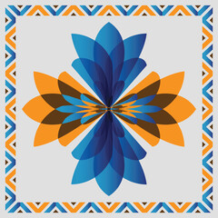 vector abstract square pattern, silk scarf design, fashion textile ornament Bandanna shawl, tablecloth fabric print, silk neck scarf, leaf blue and orange color.