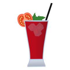 Tomato Juice with Ice Pieces. Vector Illustration of a Beach Drink with a Straw and a Slice of Tomato in Cartoon Style