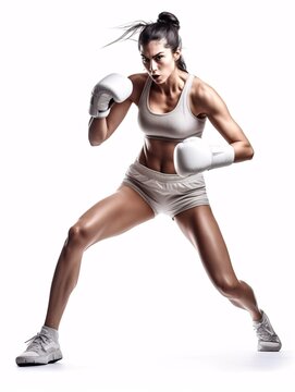 Sporty fit latin woman during boxing exercise making hit. Boxer isolated on white background. Strength and motivation. Generative Ai.