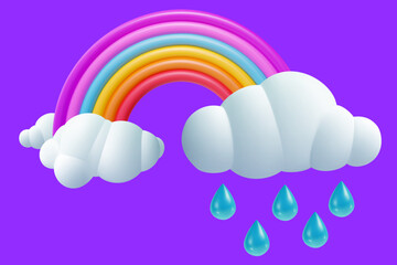 Rainbow with rain cloud isolated on color background. 3d cartoon nature design element in minimal style. Vector icon or illustration.