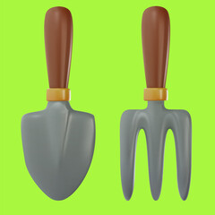Garden shovel and rake isolated on green background. 3d cartoon design element in minimal style. Vector icon or illustration.