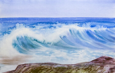 Hand-Drawn Watercolor Illustration of an Ocean or Sea Wave