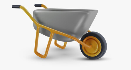 Wheelbarrow isolated on white background. 3d cartoon garden tool equipment. Design element in minimal style. Vector icon or illustration.