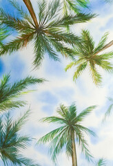 Fototapeta na wymiar Hand-Drawn Watercolor Illustration Of Palm Trees Against The Sky