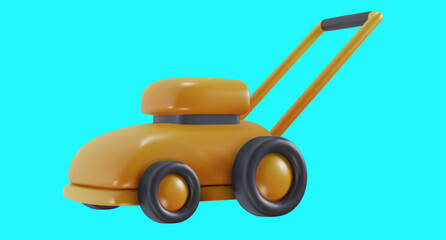 Lawn mower isolated on blue background. Garden technology equipment. 3d cartoon design element in minimal style. Vector icon or illustration.