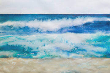 Hand-Drawn Watercolor Illustration Of The Ocean Or Sea Coast With Waves