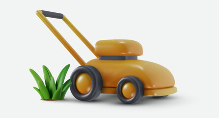Lawn mower isolated on white background. Garden technology equipment. 3d cartoon design element in minimal style. Vector icon or illustration. - obrazy, fototapety, plakaty