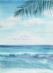 Fototapeta na wymiar Hand-Drawn Watercolor Illustration Of The Ocean Or Sea Coast With Waves