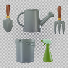 Set garden tools. Collection farm equipment. Shovel, watering can, bucket, rake, sprayer. Bright design elements in 3d realistic style. Modern minimal vector illustration, icon.