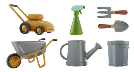 Set garden tools. Collection farm equipment. Shovel, watering can, bucket, rake, sprayer, wheelbarrow, lawnmower. Design elements in 3d realistic style. Modern minimal vector illustration, icon.