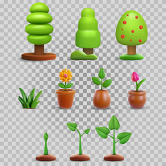 Set garden plants. Collection nature objects on transparent background. Tree, grass, flower in pot, green leafs. Bright design elements in 3d realistic style. Modern minimal vector illustration, icon.