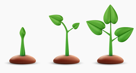 Fototapeta na wymiar Set sprout or small green plant in ground. 3d cartoon design element in minimal style. Vector icon or illustration.