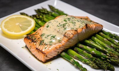  a plate of salmon and asparagus with a lemon wedge.  generative ai
