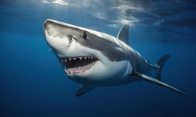 Fototapeta premium a great white shark with its mouth open in the water. generative ai