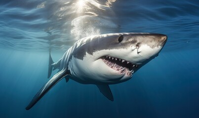Fototapeta premium a great white shark with its mouth open in the water. generative ai