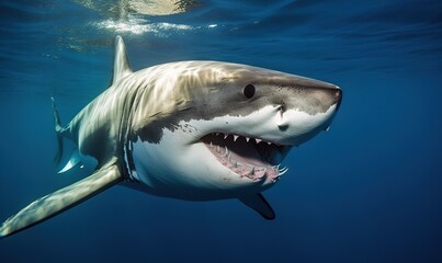 Naklejka premium a great white shark with its mouth open in the water. generative ai
