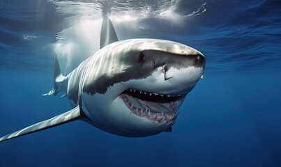 Naklejka premium a great white shark with its mouth open in the water. generative ai