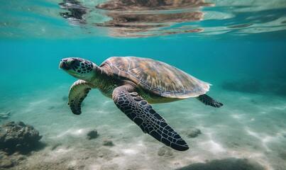 Obraz premium a turtle swimming in the ocean with its head above the water. generative ai