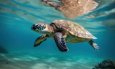 Obraz premium a turtle swimming in the ocean with its head above the water. generative ai