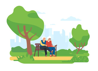 Elderly man and woman sitting together on bench. Grandmother and grandfather walking in city park. Smiling grandparents date. Senior people relaxing in nature. Couple stroll. Vector concept